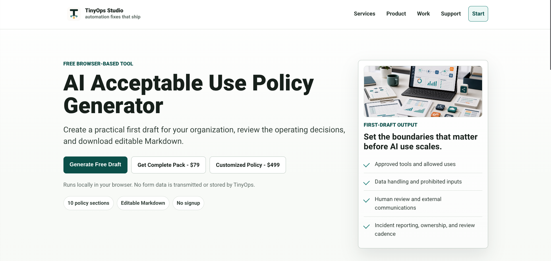 Screenshot of the AI Acceptable Use Policy Generator website