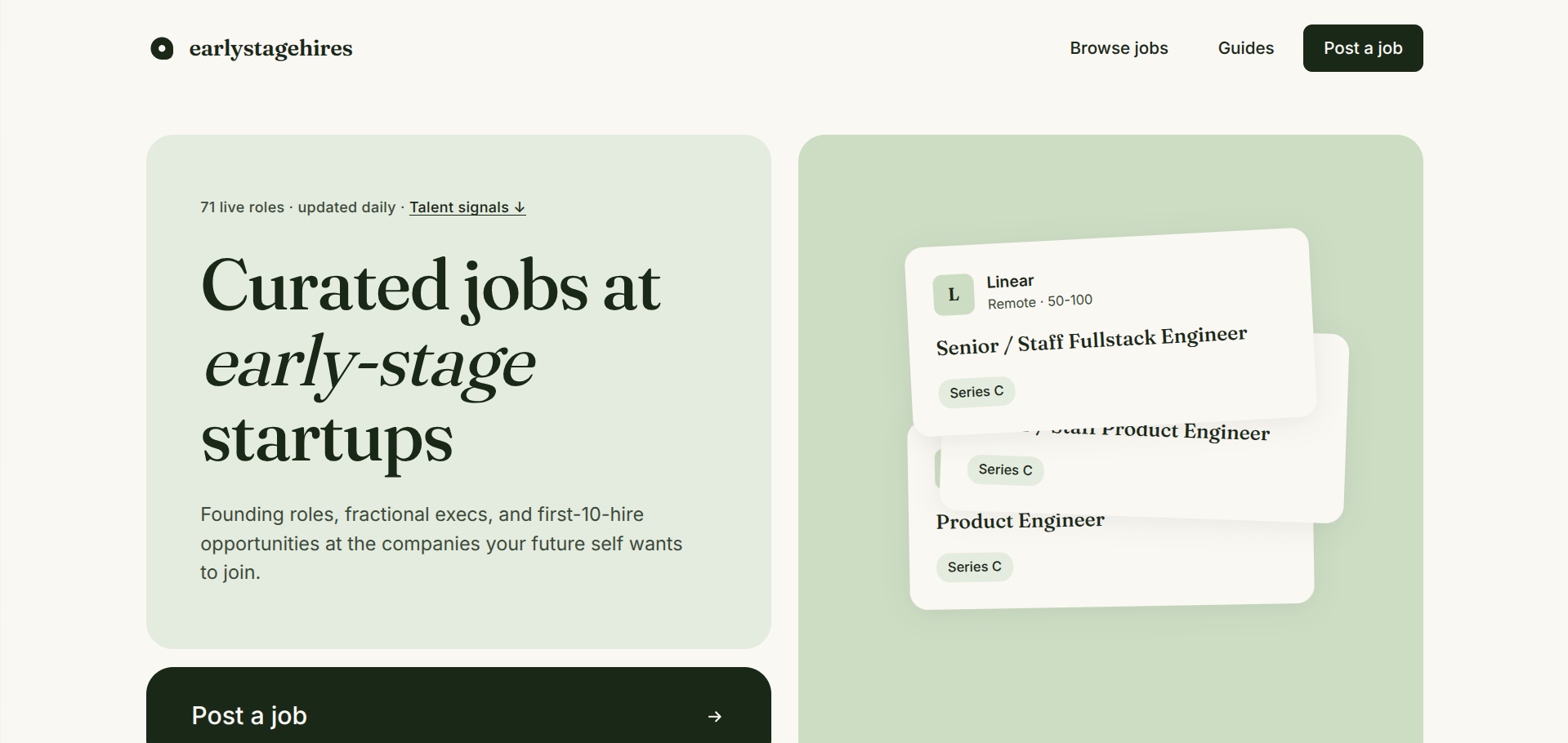 Screenshot of the earlystagehires website