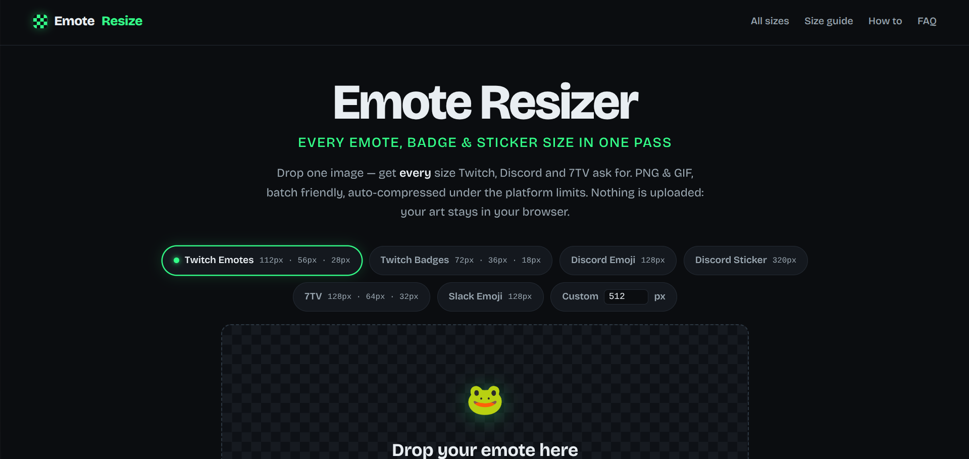Screenshot of the Emote Resizer website