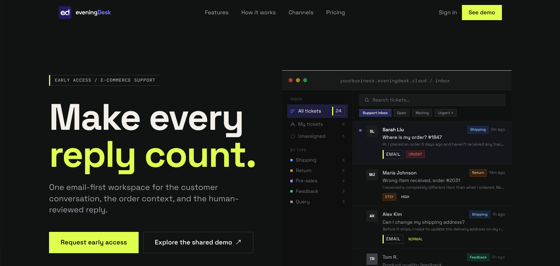 Screenshot of the eveningDesk website