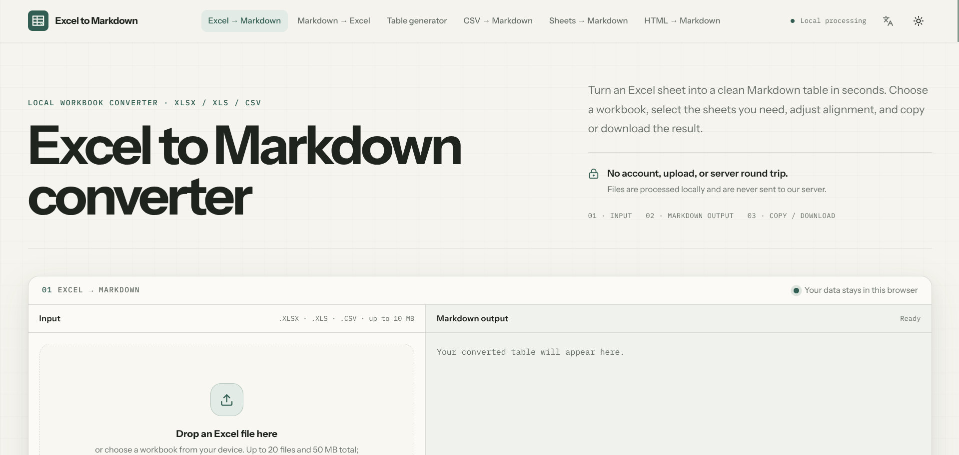 Screenshot of the Excel to Markdown website