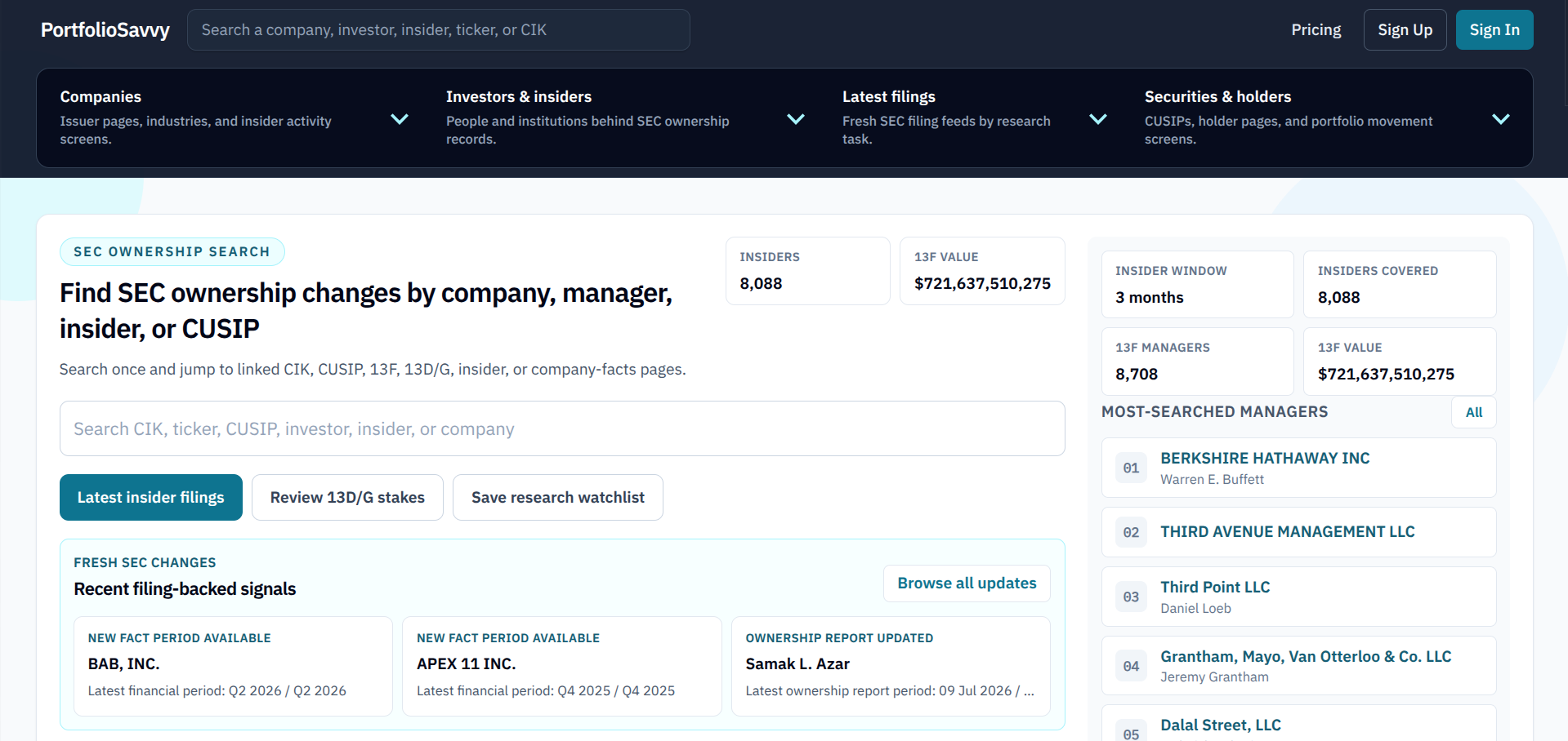 Screenshot of the PortfolioSavvy website