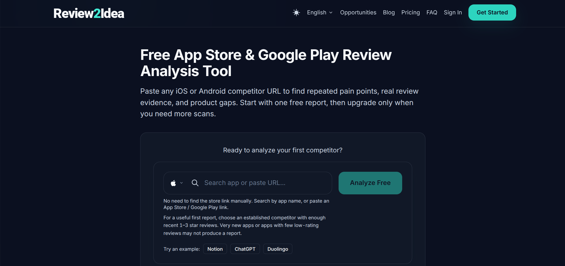 Screenshot of the Review2Idea website
