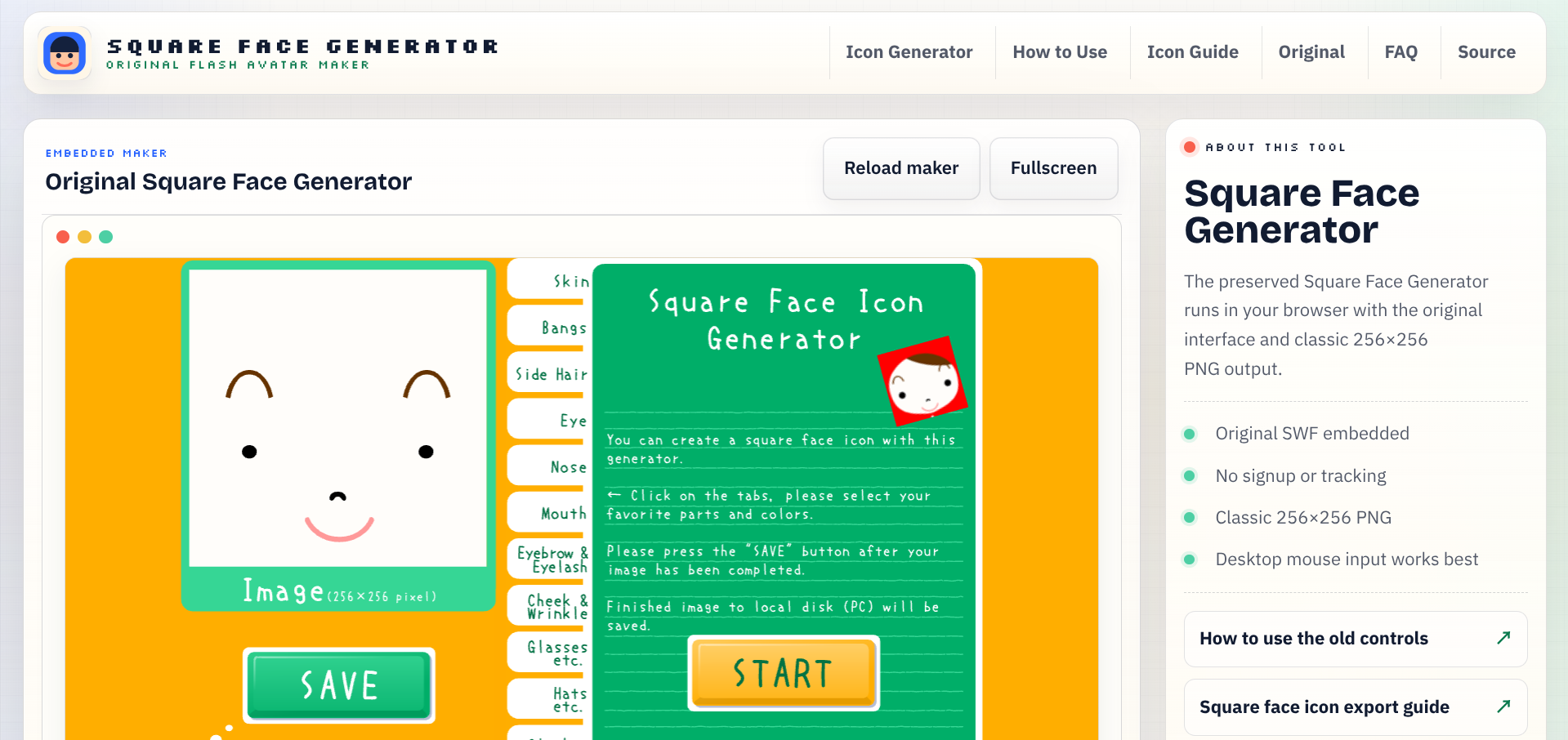 Screenshot of the Square Face Generator website