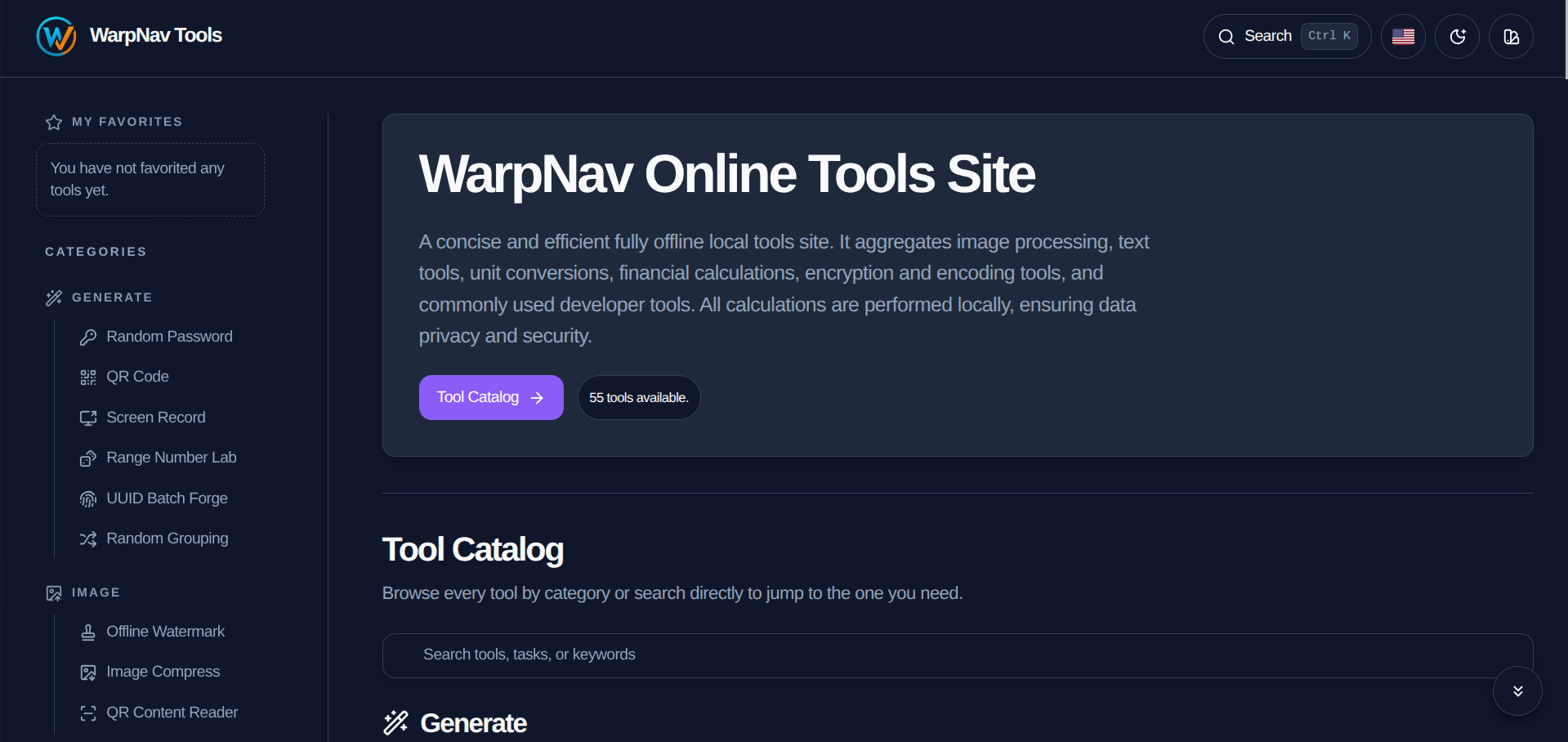 Screenshot of the WarpNav Tools website