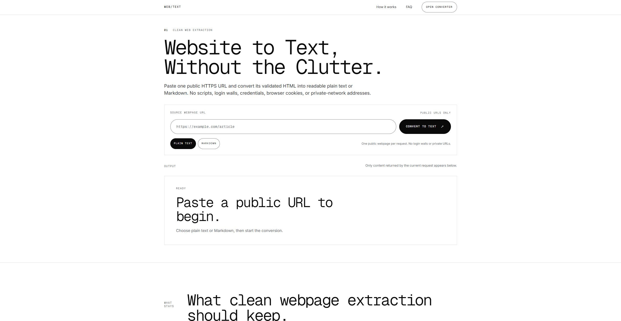 Screenshot of the Website to Text website